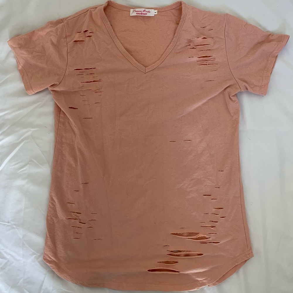 PEACH DISTRESSED T SHIRT
